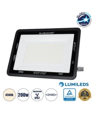 GLOBOSTAR® ATLAS 61432 Προβολέας LED 200W 24000lm 120° AC 220-240V Αδιάβροχο IP67 Φυσικό Λευκό 4500K - Lumileds SMD Chip - TÜV Rheinland Certified - Μαύρο Ματ - Μ38 x Π4 x Υ28cm - 5 Χρόνια Εγγύηση